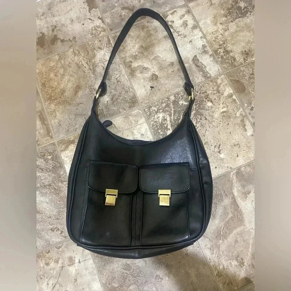 Handbags - Women’s Black with Gold Details Faux Leather Shoulder  Bag Purse lots of Storage